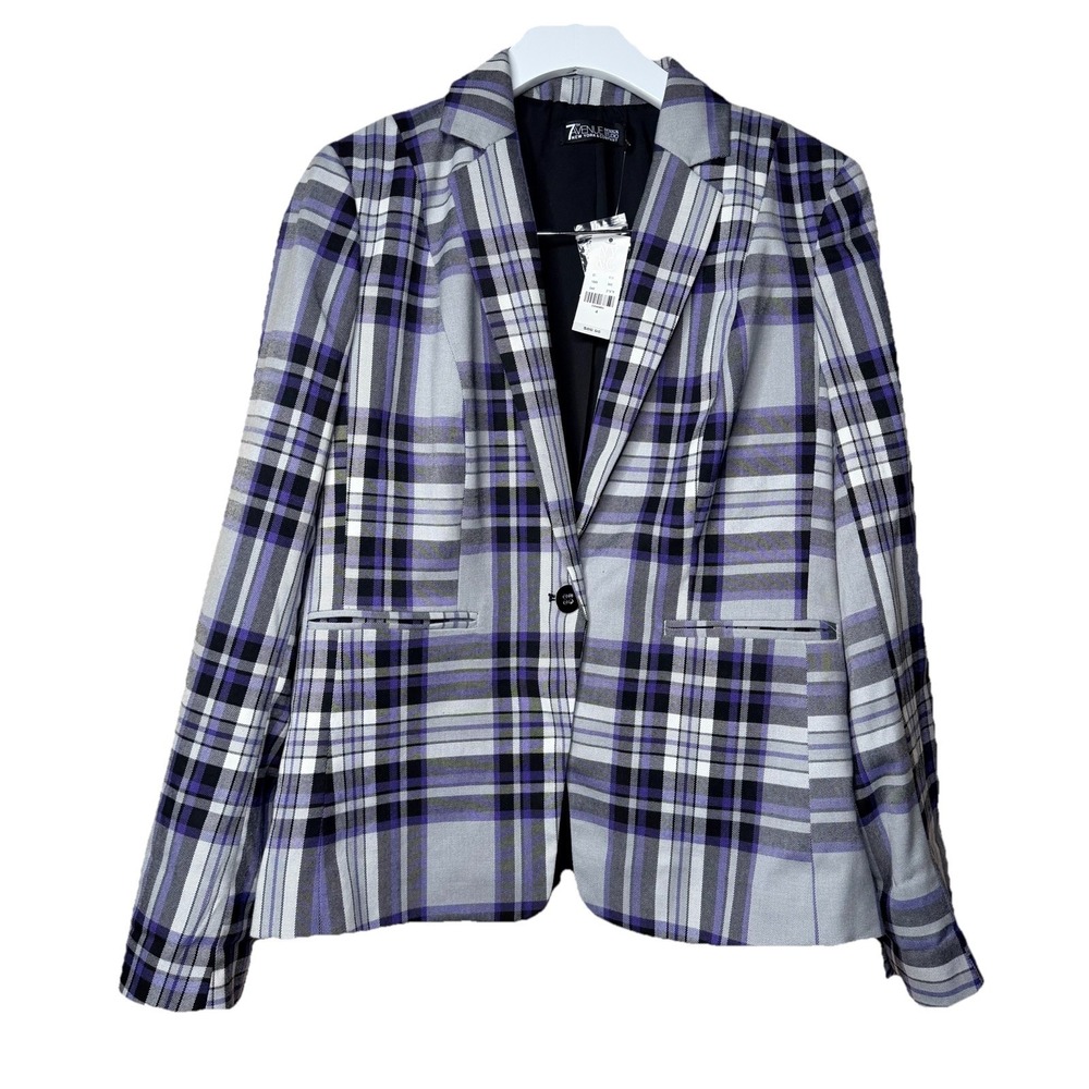 7AVENUE NY& C size 4 one button blazer plaid print Gray & Purple 33% RAYON NWT